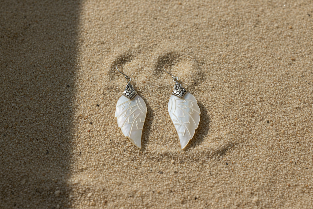 Silver White Shell Angel Wings Drop Earrings