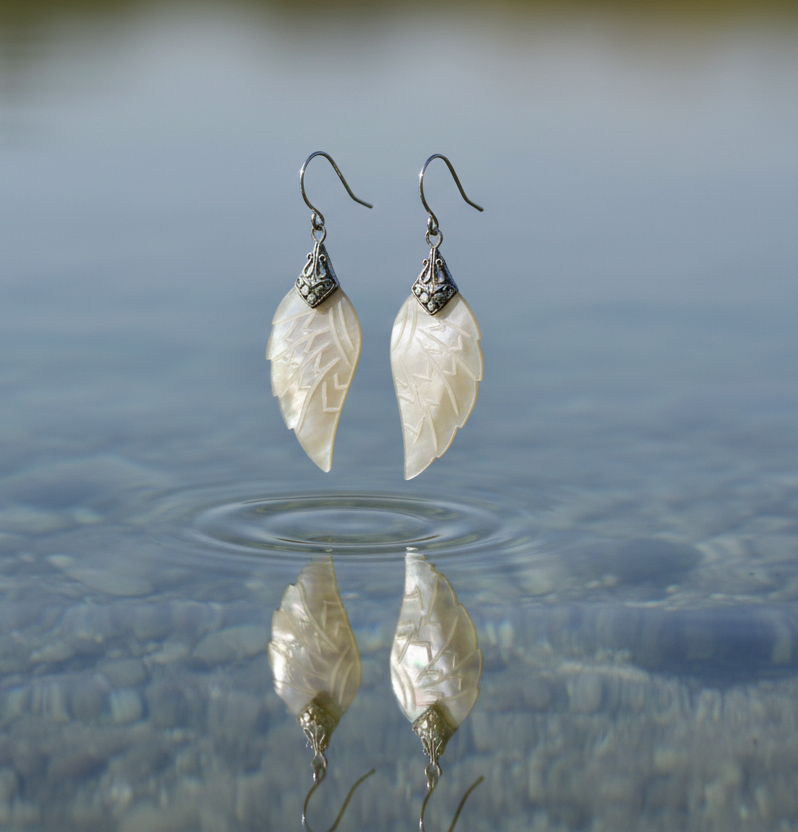 Silver White Shell Angel Wings Drop Earrings