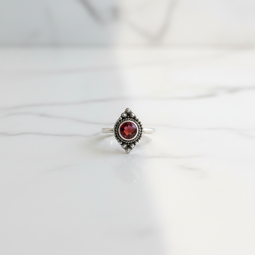 Silver Round Garnet Ring Size 8