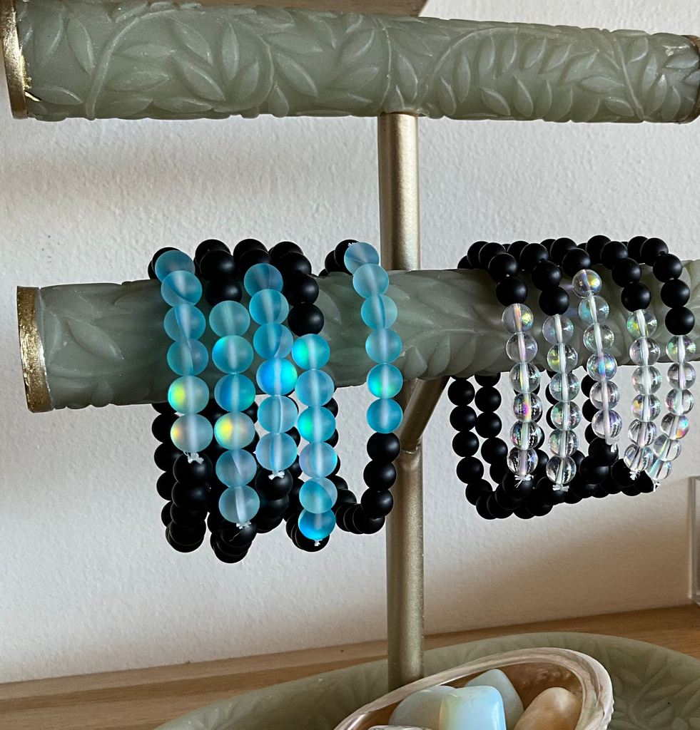 Aura Quartz with Matte Black Obsidian Bead Bracelet