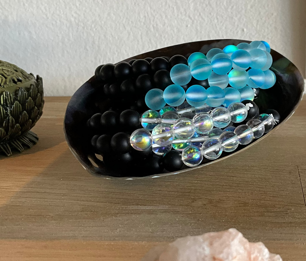 Aura Quartz with Matte Black Obsidian Bead Bracelet