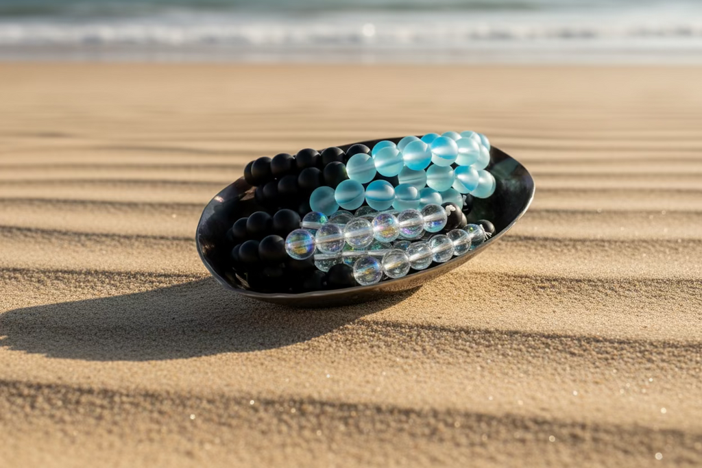 Matte Blue Aura Quartz and Matte Black Obsidian Bead Bracelet