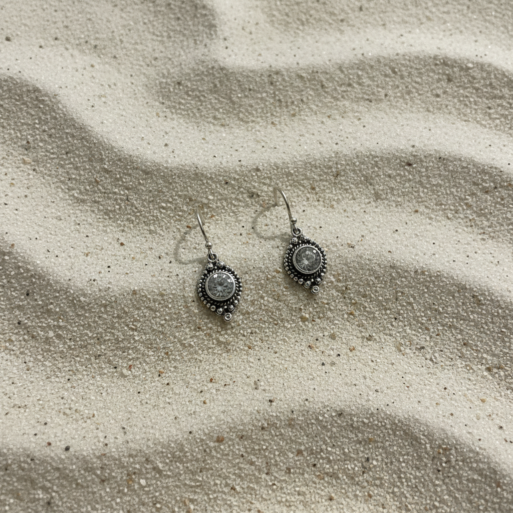 Silver Round White Zirconia Studded Earrings
