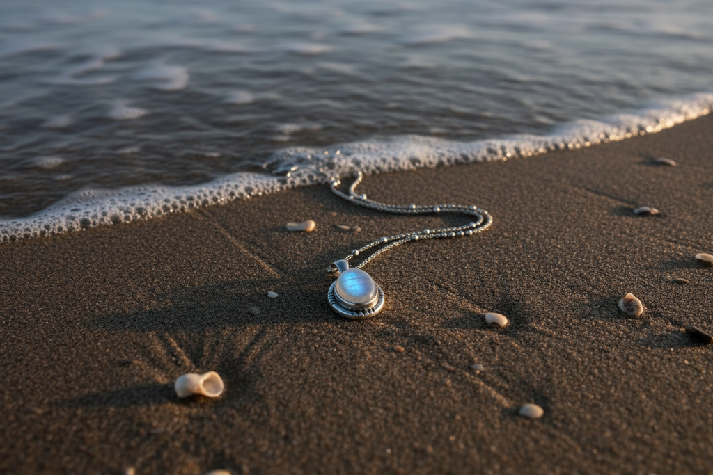 Silver Oval Moonstone Pendant with Satellite Necklace