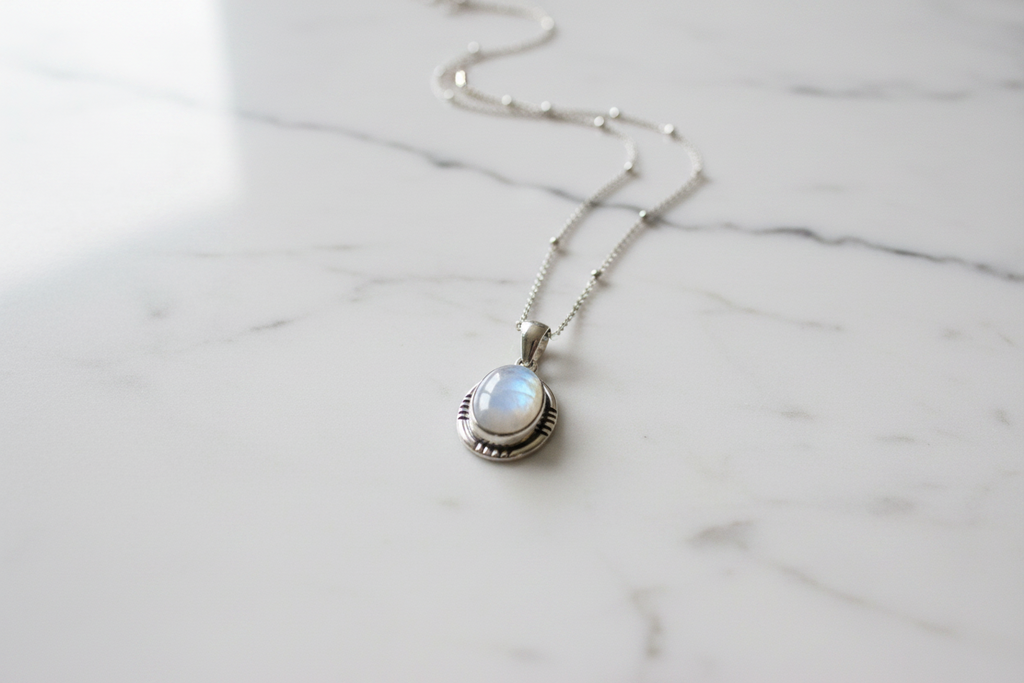 Silver Oval Moonstone Pendant with Satellite Necklace