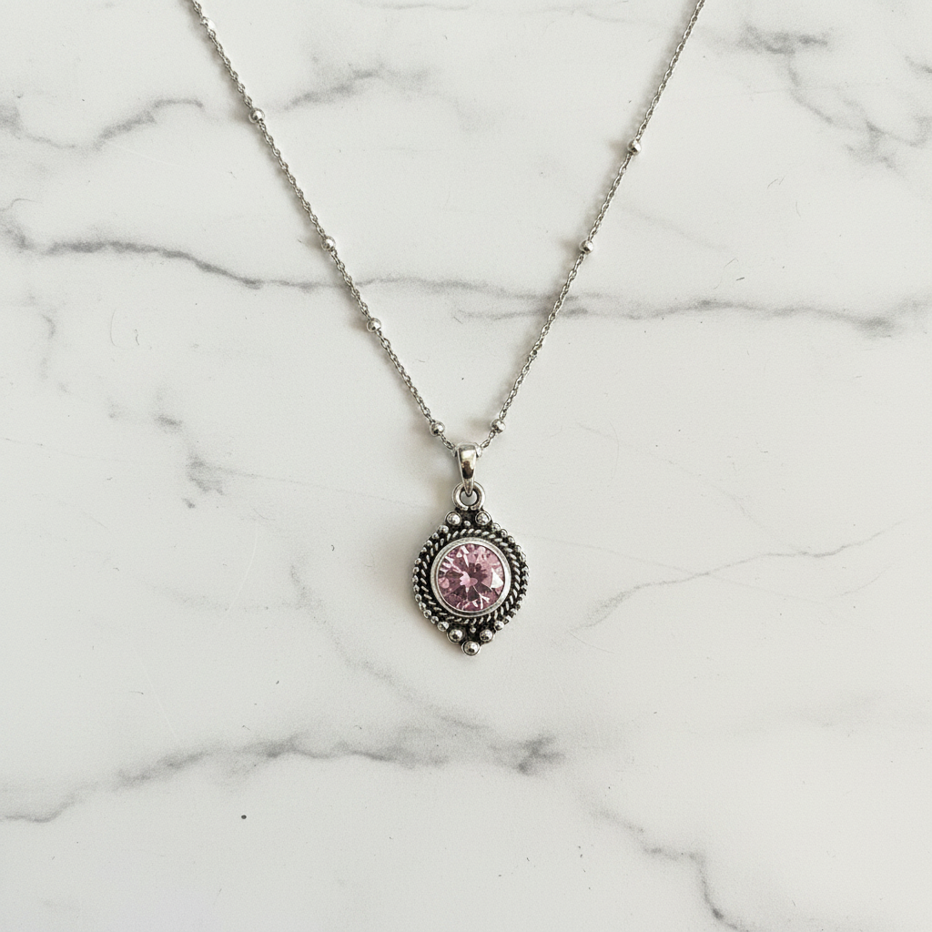 Silver Round Pink Zirconia Pendant and 50cm Satellite Chain