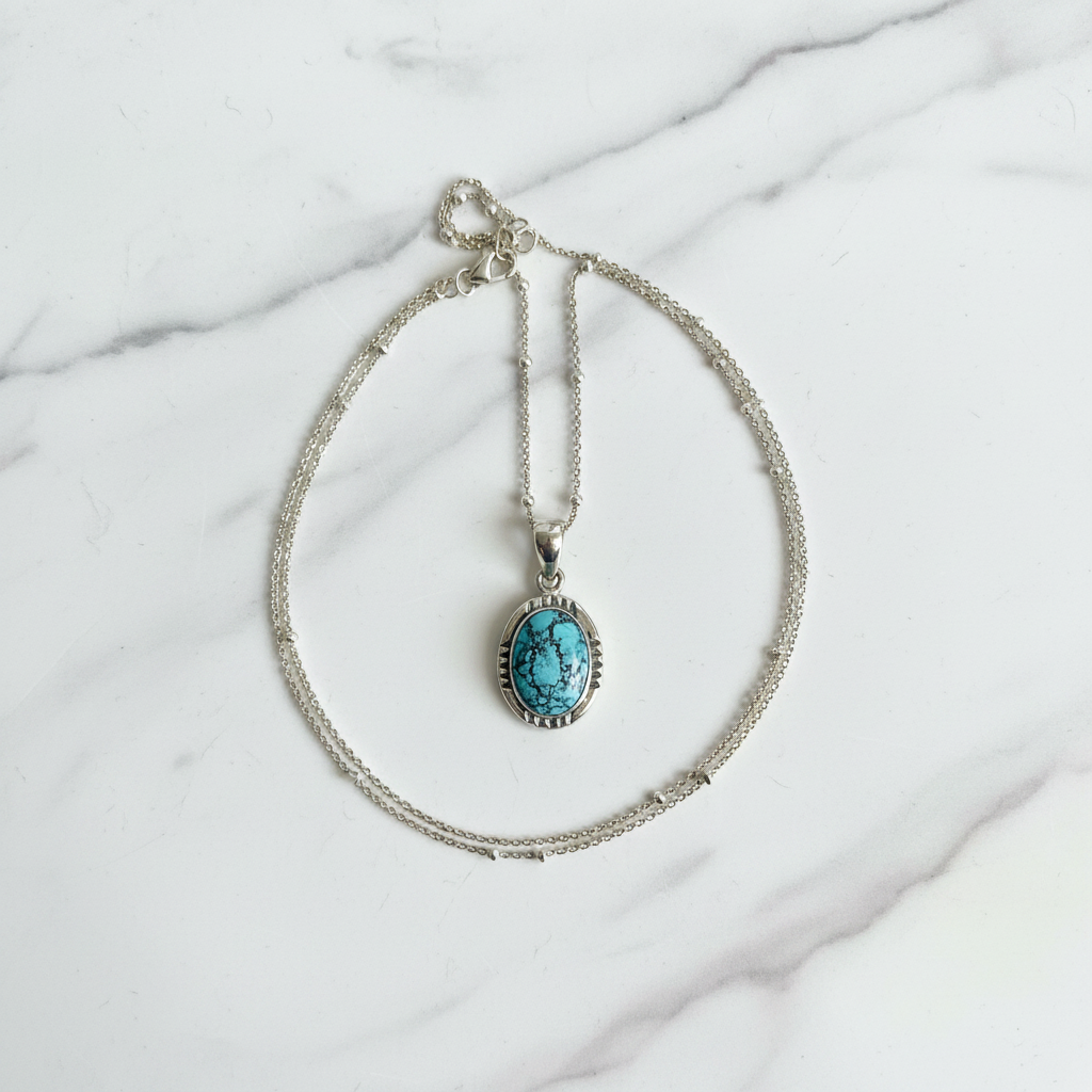 Silver Oval Turquoise Pendant and 55cm Satellite Chain