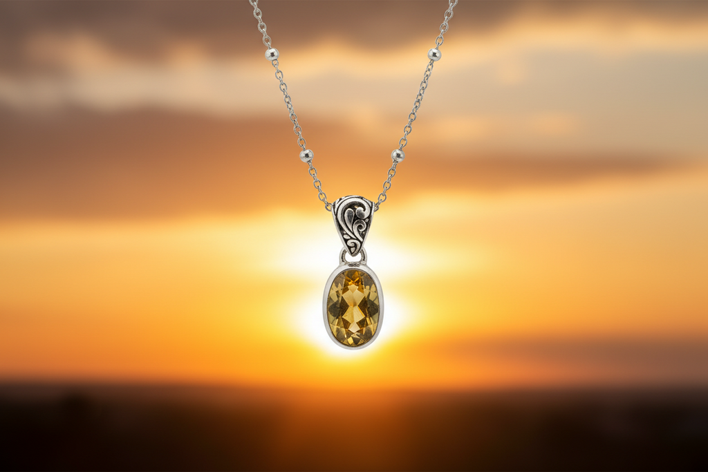 Silver Citrine Oval Pendant and 50cm Satellite Chain
