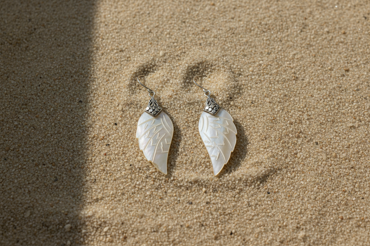 Silver White Shell Angel Wings Drop Earrings