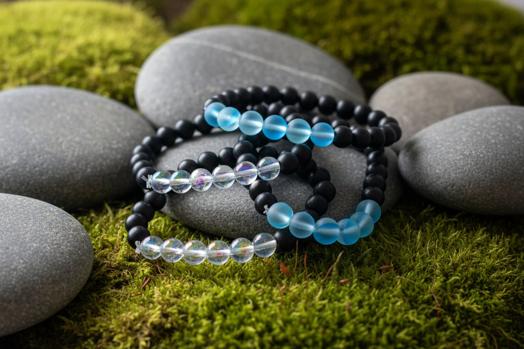 Aura Quartz with Matte Black Obsidian Bead Bracelet