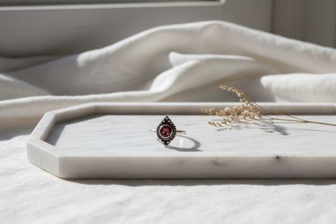 Sterling Silver Round Garnet Ring - Size 8