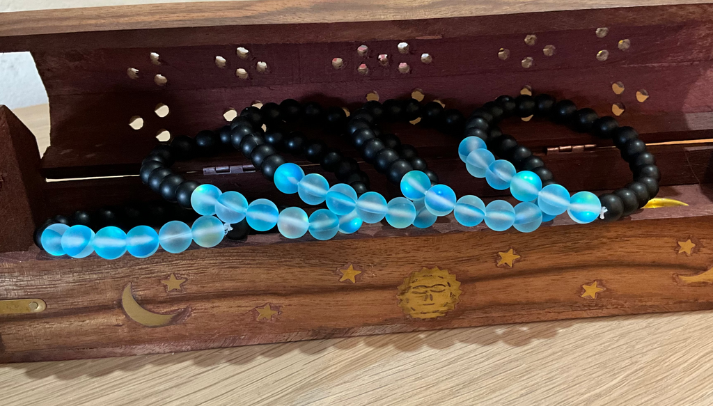 Matte Blue Aura Quartz and Matte Black Obsidian Bead Bracelet