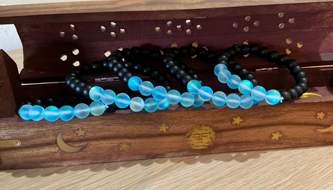 Matte Blue Aura Quartz and Matte Black Obsidian Bead Bracelet