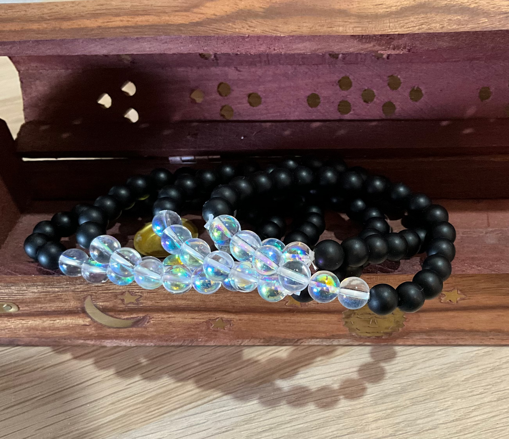 Aura Quartz with Matte Black Obsidian Bead Bracelet