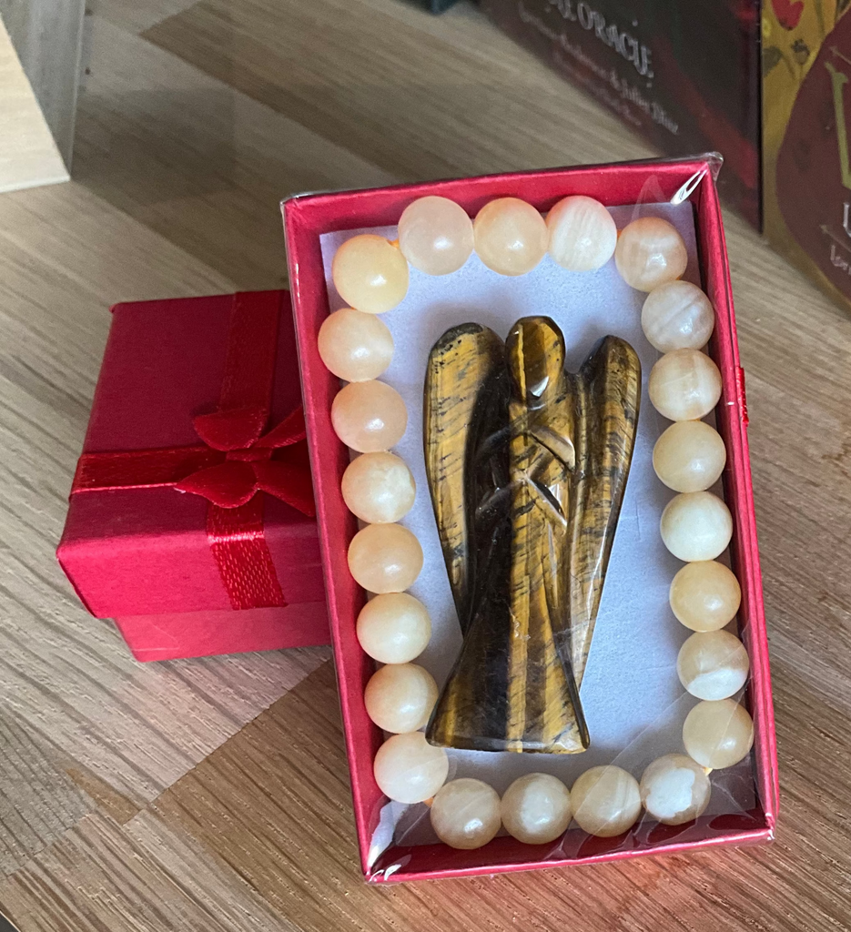 Tigers Eye Carved Angel and Yellow Calcite Bracelet Gift Pack
