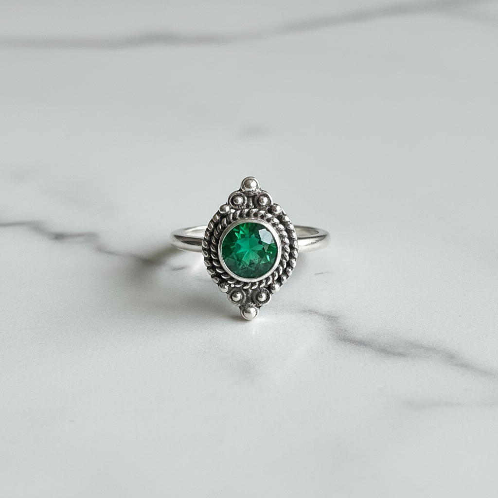 Sterling Silver Round Green Quartz Ring - Size 6