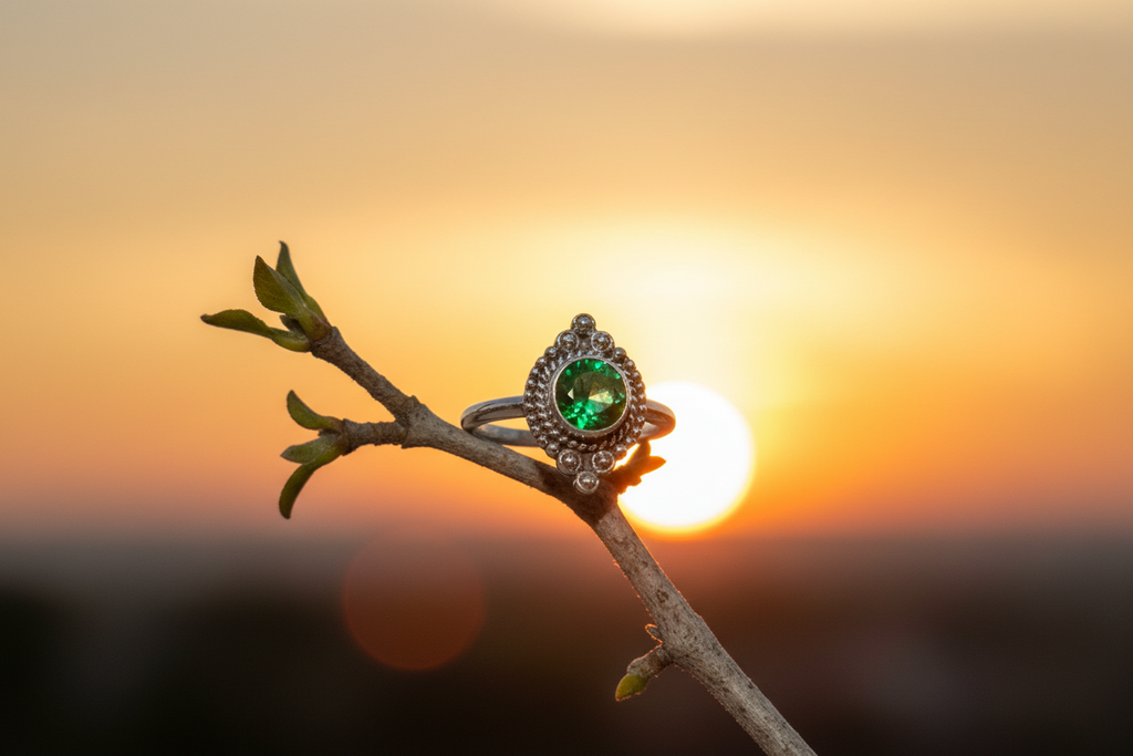 Silver Round Green Quartz Ring Size 6