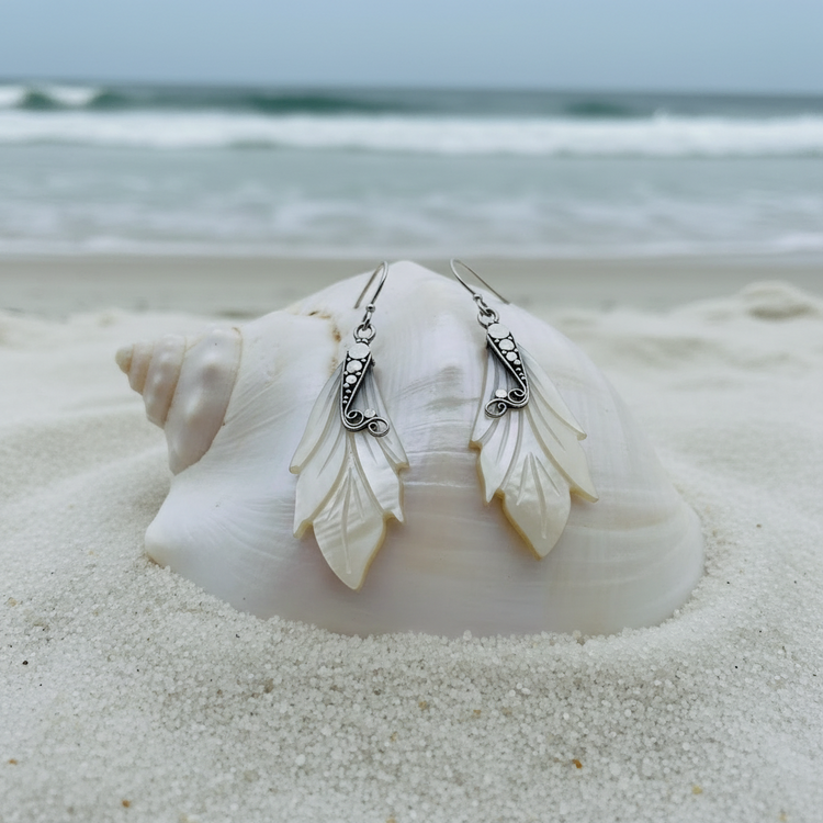 Silver White Shell Leaf Drop Earrings