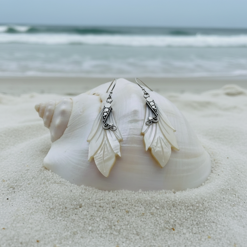 Silver White Shell Leaf Drop Earrings