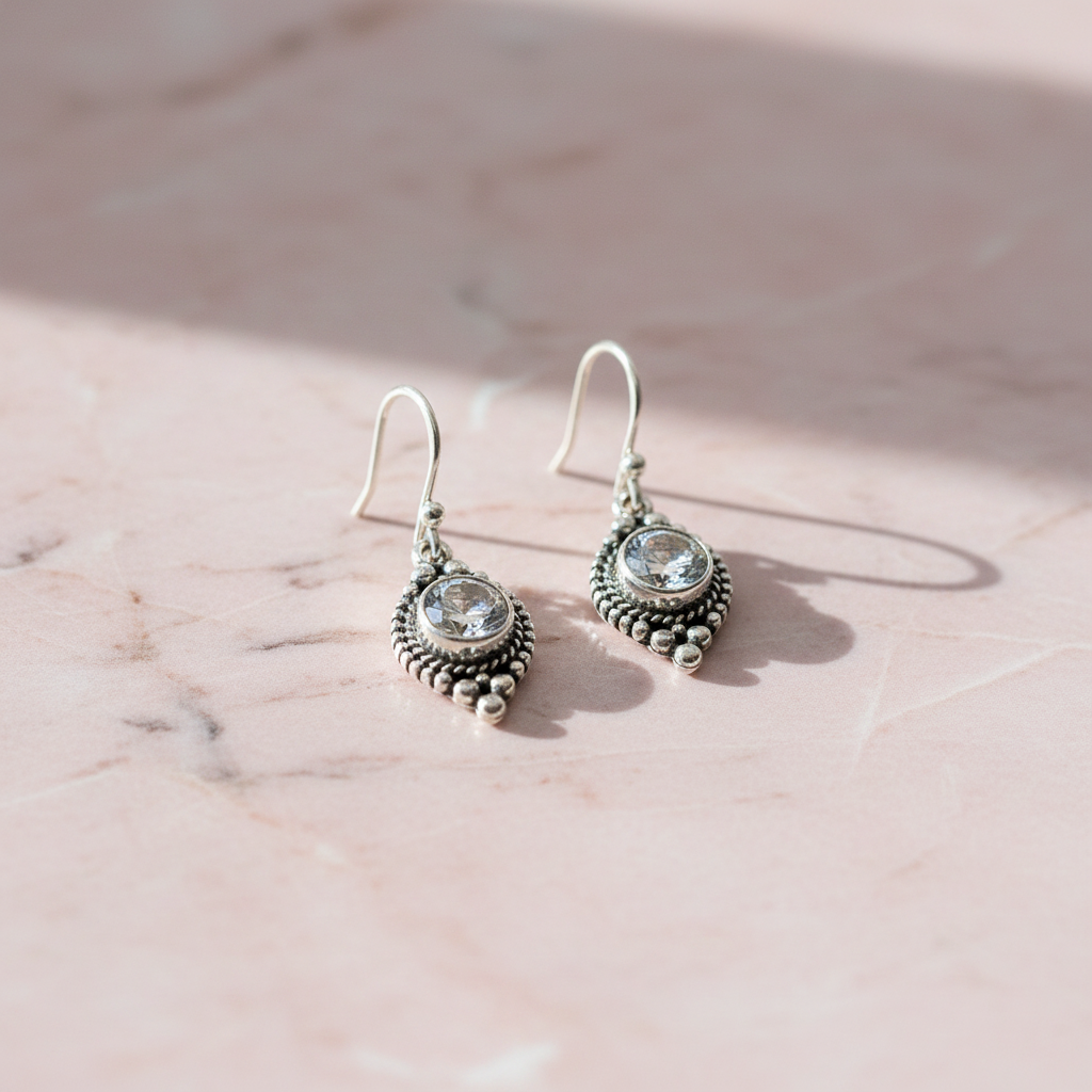 Silver Round White Zirconia Studded Earrings