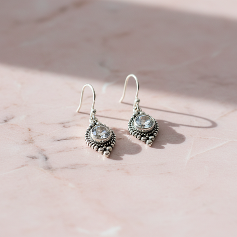 Silver Round White Zirconia Studded Earrings