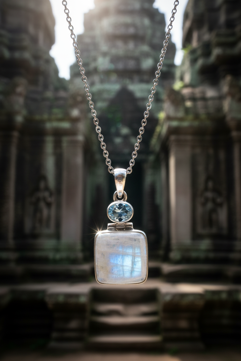Silver Blue Topaz and Moonstone Pendant Gift Boxed
