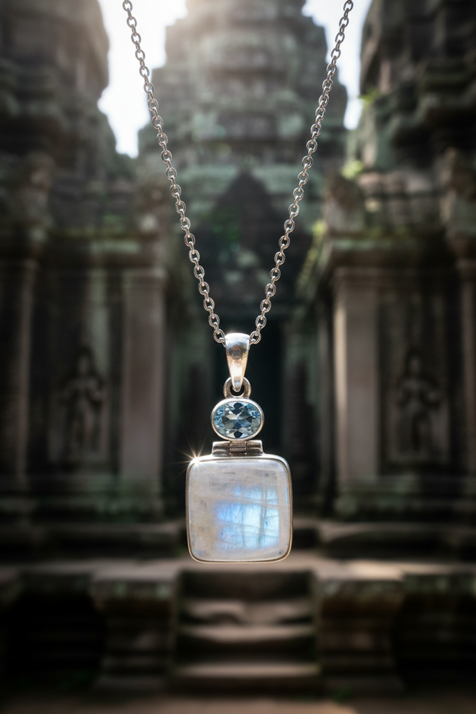 Silver Blue Topaz and Moonstone Pendant Gift Boxed