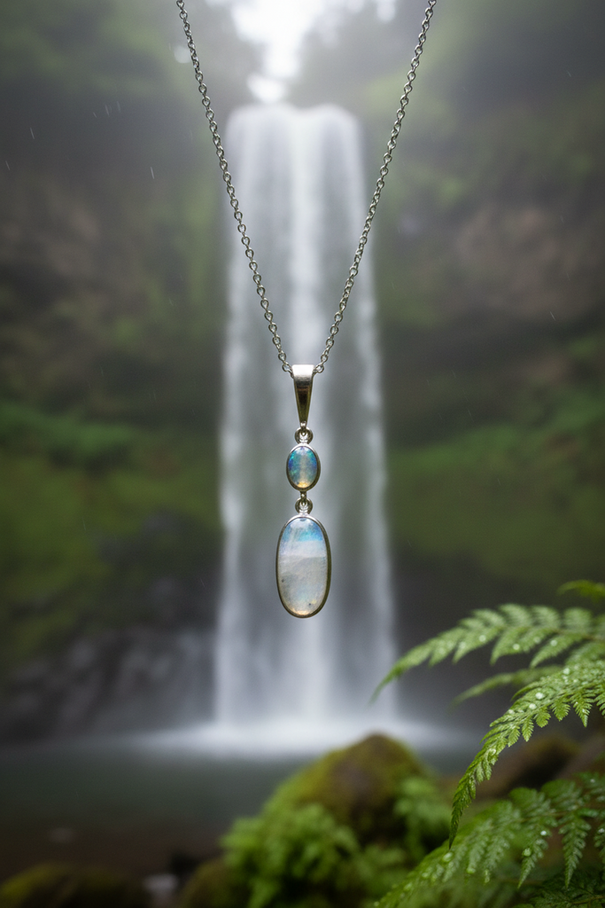 Silver Double Oval Moonstone Pendant and Necklace Gift Boxed