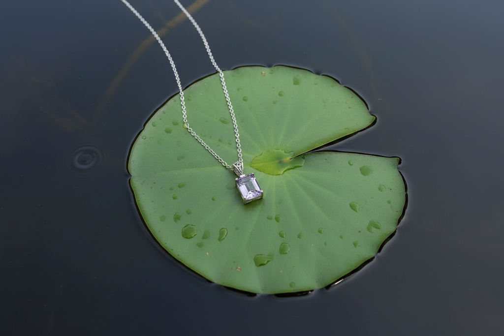 Silver Square Amethyst Pendant and 50cm Necklace