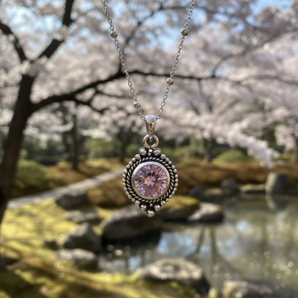 Silver Round Pink Zirconia Pendant and 50cm Satellite Chain