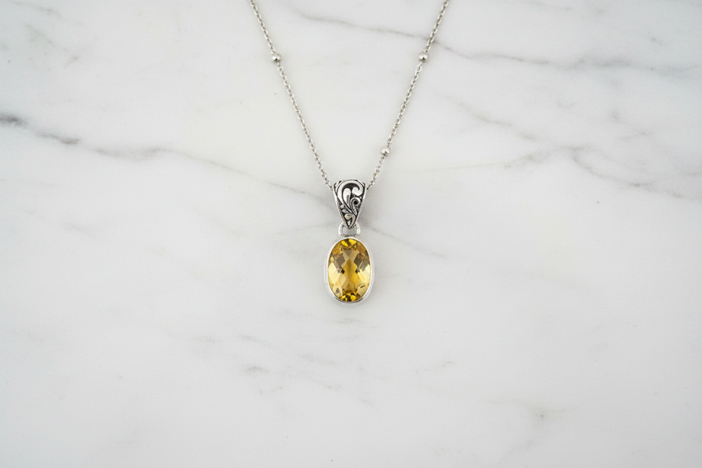 Silver Citrine Oval Pendant and 50cm Satellite Chain