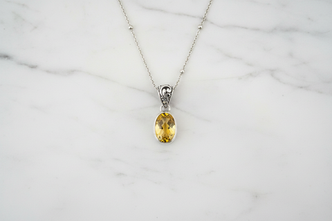 Silver Citrine Oval Pendant and 50cm Satellite Chain